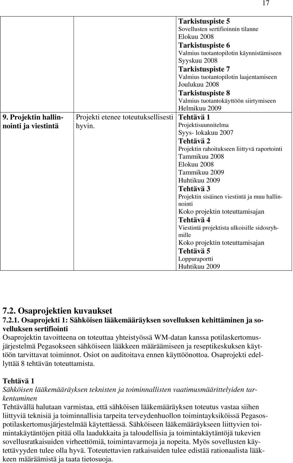 Joulukuu 2008 Tarkistuspiste 8 Valmius tuotantokäyttöön siirtymiseen Helmikuu 2009 Tehtävä 1 Projektisuunnitelma Syys- lokakuu 2007 Tehtävä 2 Projektin rahoitukseen liittyvä raportointi Tammikuu 2008