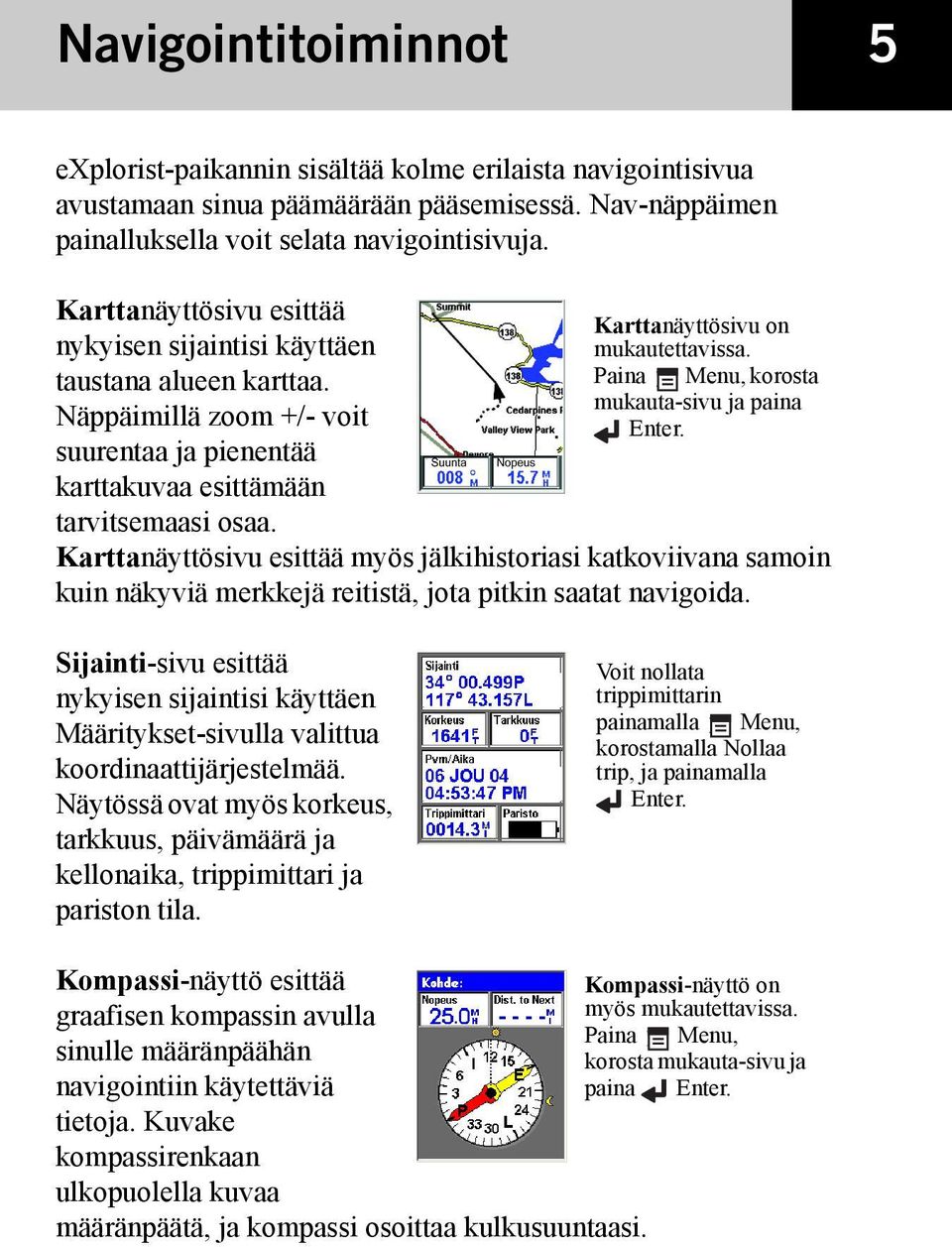 Karttanäyttösivu on mukautettavissa. Paina Menu, korosta mukauta-sivu ja paina Enter.