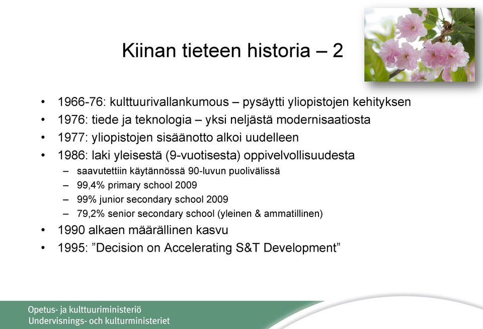 oppivelvollisuudesta saavutettiin käytännössä 90-luvun puolivälissä 99,4% primary school 2009 99% junior secondary school