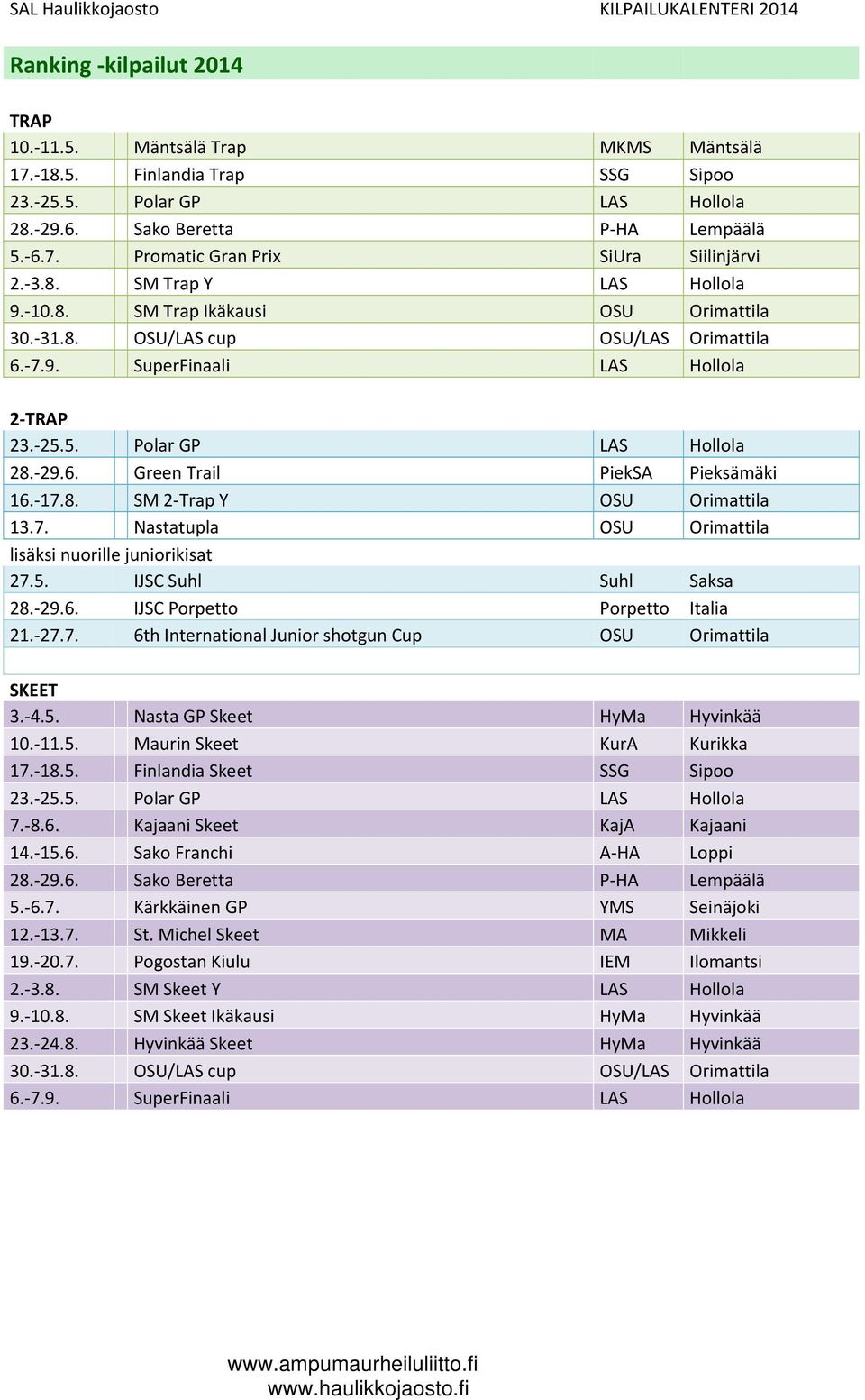25.5. Polar GP LAS Hollola 28. 29.6. Green Trail PiekSA Pieksämäki 16. 17.8. SM 2 Trap Y OSU Orimattila 13.7. Nastatupla OSU Orimattila lisäksi nuorille juniorikisat 27.5. IJSC Suhl Suhl Saksa 28. 29.6. IJSC Porpetto Porpetto Italia 21.