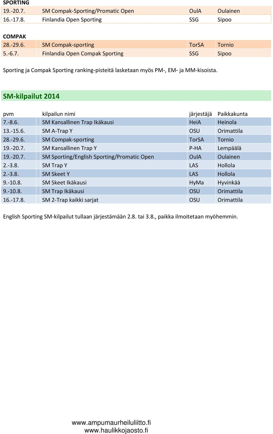 20.7. SM Sporting/English Sporting/Promatic Open OulA Oulainen 2. 3.8. SM Trap Y LAS Hollola 2. 3.8. SM Skeet Y LAS Hollola 9. 10.8. SM Skeet Ikäkausi HyMa Hyvinkää 9. 10.8. SM Trap Ikäkausi OSU Orimattila 16.