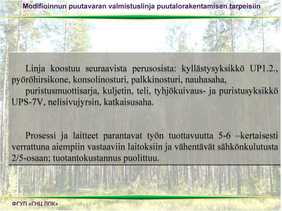 , pyöröhirsikone, konsolinosturi, palkkinosturi, nauhasaha, puristusmuottisarja, kuljetin, teli, tyhjökuivaus- ja