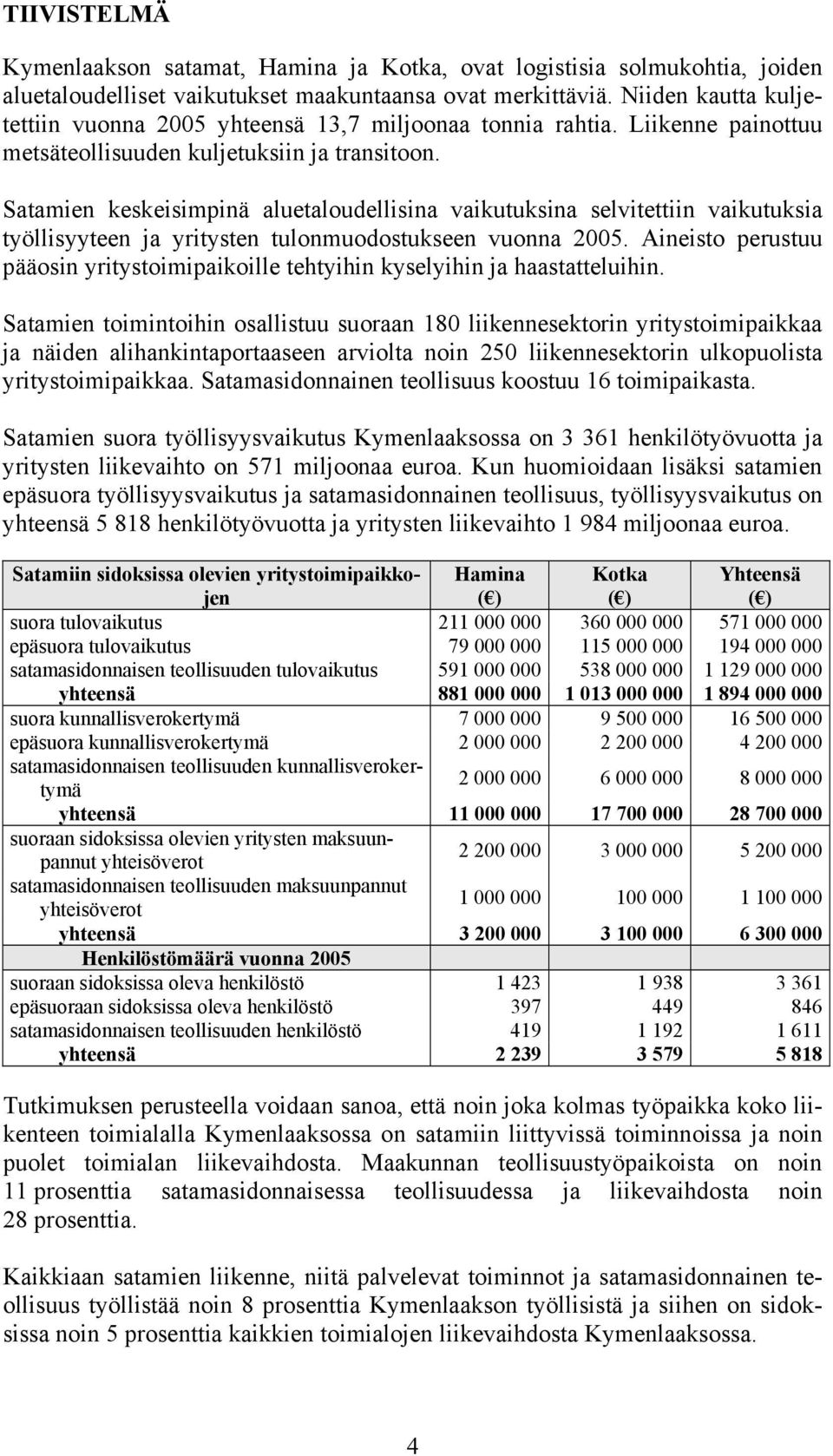 Satamien keskeisimpinä aluetaloudellisina vaikutuksina selvitettiin vaikutuksia työllisyyteen ja yritysten tulonmuodostukseen vuonna 2005.