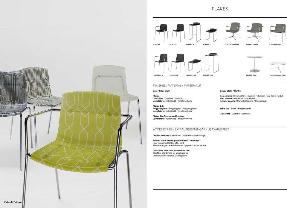 0: Polypropylene / Polypropylen / Polypropyleeni Upholstery / Helbeklädd / Ympäriverhoilu Flakes Conference and Lounge: Upholstery / Helbeklädd / Ympäriverhoilu Base / Stativ / Runko Eco-chrome