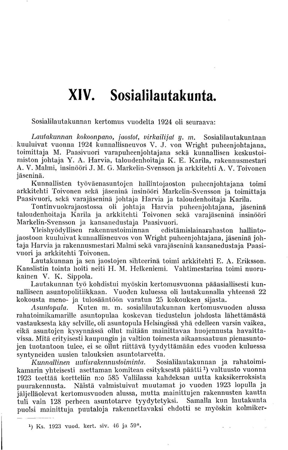 M. G. Markelin-Svensson ja arkkitehti A. V. Toivonen jäseninä.