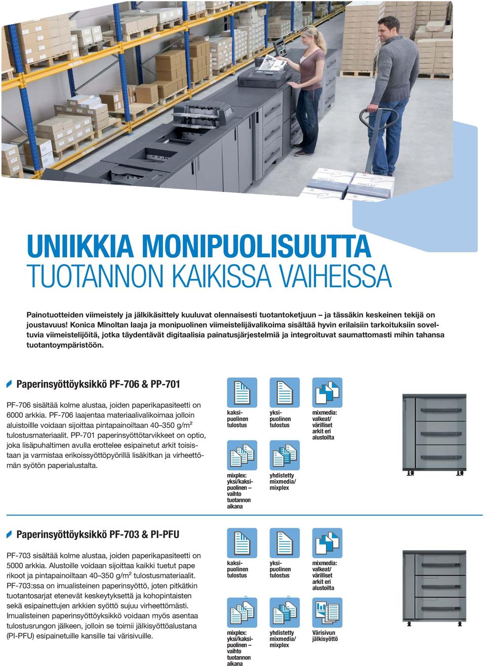 saumattomasti mihin tahansa tuotantoympäristöön. Paperinsyöttöyksikkö PF-706 & PP-701 PF-706 sisältää kolme alustaa, joiden paperikapasiteetti on 6000 arkkia.