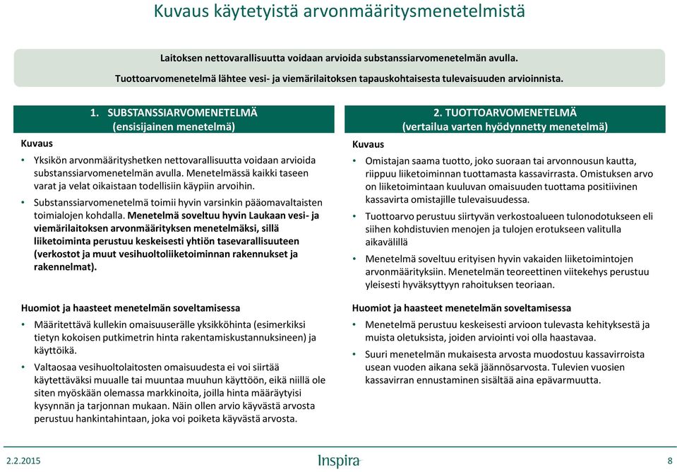 SUBSTANSSIARVOMENETELMÄ (ensisijainen menetelmä) Yksikön arvonmäärityshetken nettovarallisuutta voidaan arvioida substanssiarvomenetelmän avulla.