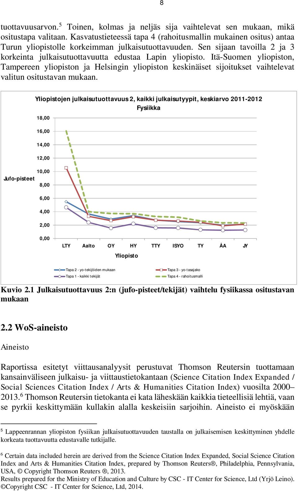 Itä-Suomen yliopiston, Tampereen yliopiston ja Helsingin yliopiston keskinäiset sijoitukset vaihtelevat valitun ositustavan mukaan.