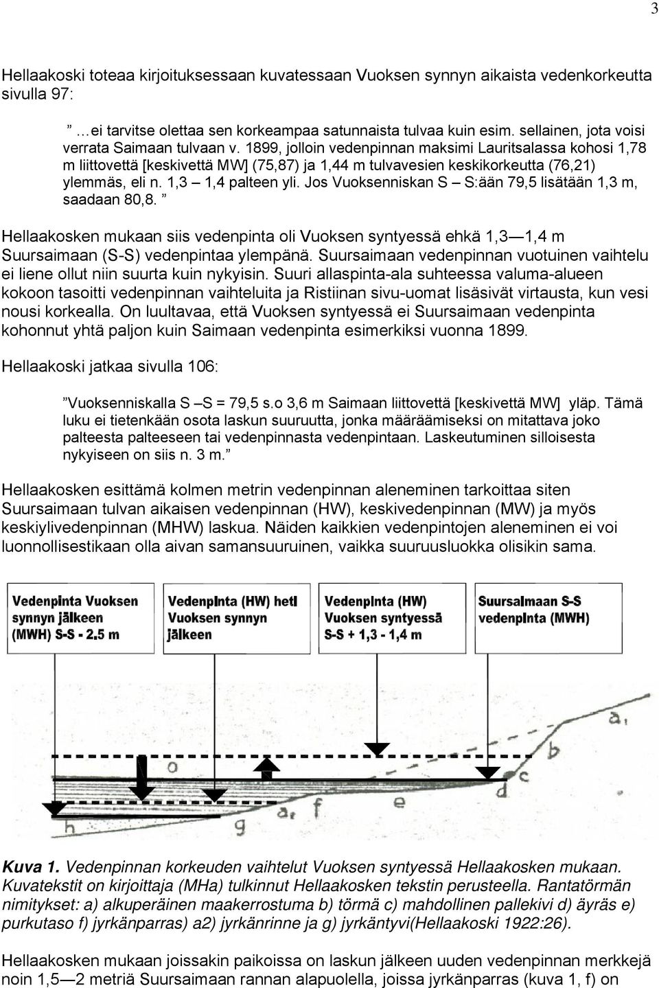 1899, jolloin vedenpinnan maksimi Lauritsalassa kohosi 1,78 m liittovettä [keskivettä MW] (75,87) ja 1,44 m tulvavesien keskikorkeutta (76,21) ylemmäs, eli n. 1,3 1,4 palteen yli.