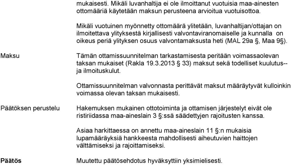 heti (MAL 29a, Maa 9 ). Maksu Tämän ottamissuunnitelman tarkastamisesta peritään voimassaolevan taksan mukaiset (Rakla 19.3.2013 33) maksut sekä todelliset kuulutus-- ja ilmoituskulut.