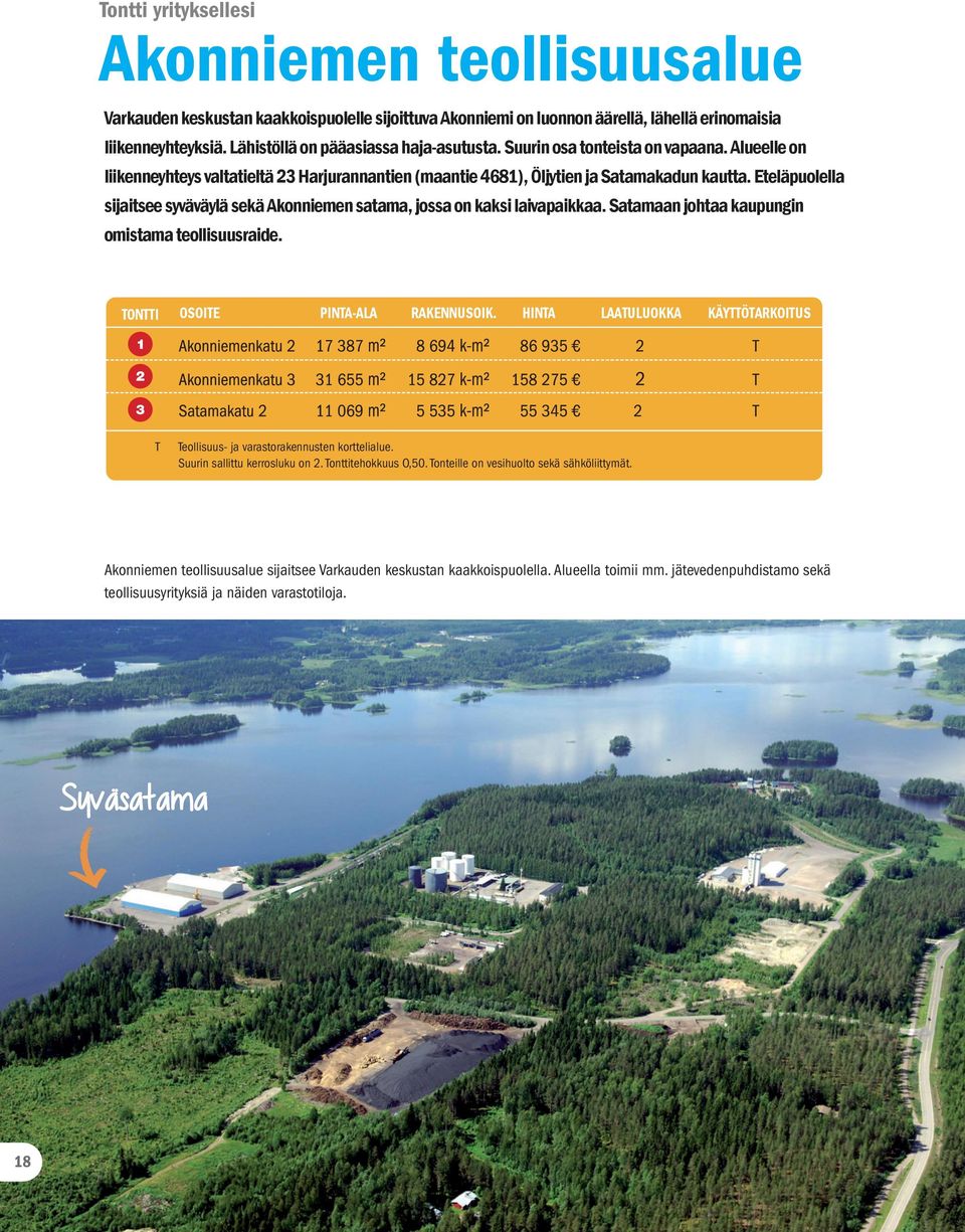 Eteläpuolella sijaitsee syväväylä sekä Akonniemen satama, jossa on kaksi laivapaikkaa. Satamaan johtaa kaupungin omistama teollisuusraide. TONTTI OSOITE PINTA-ALA RAKENNUSOIK.