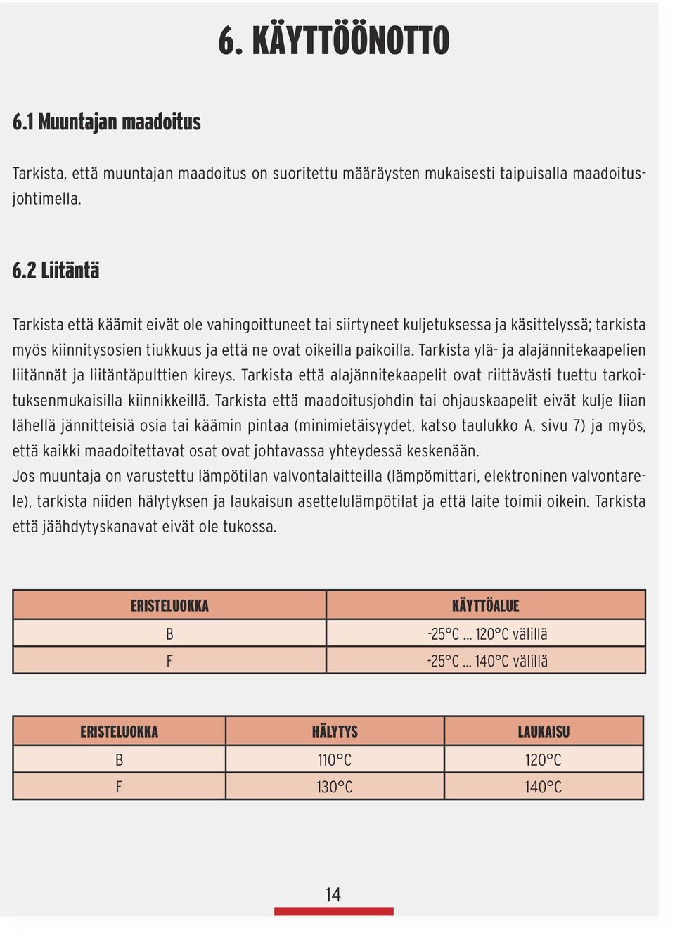Tarkista että maadoitusjohdin tai ohjauskaapelit eivät kulje liian lähellä jännitteisiä osia tai käämin pintaa (minimietäisyydet, katso taulukko A, sivu 7) ja myös, että kaikki maadoitettavat osat