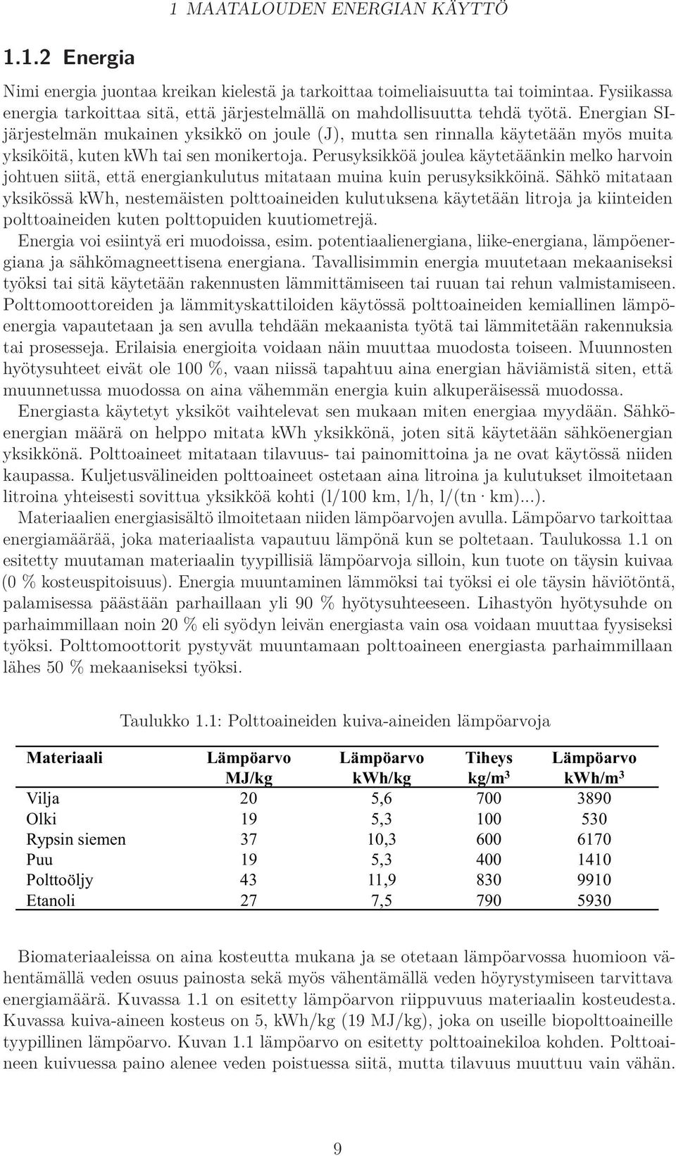 Energian SIjärjestelmän mukainen yksikkö on joule (J), mutta sen rinnalla käytetään myös muita yksiköitä, kuten kwh tai sen monikertoja.