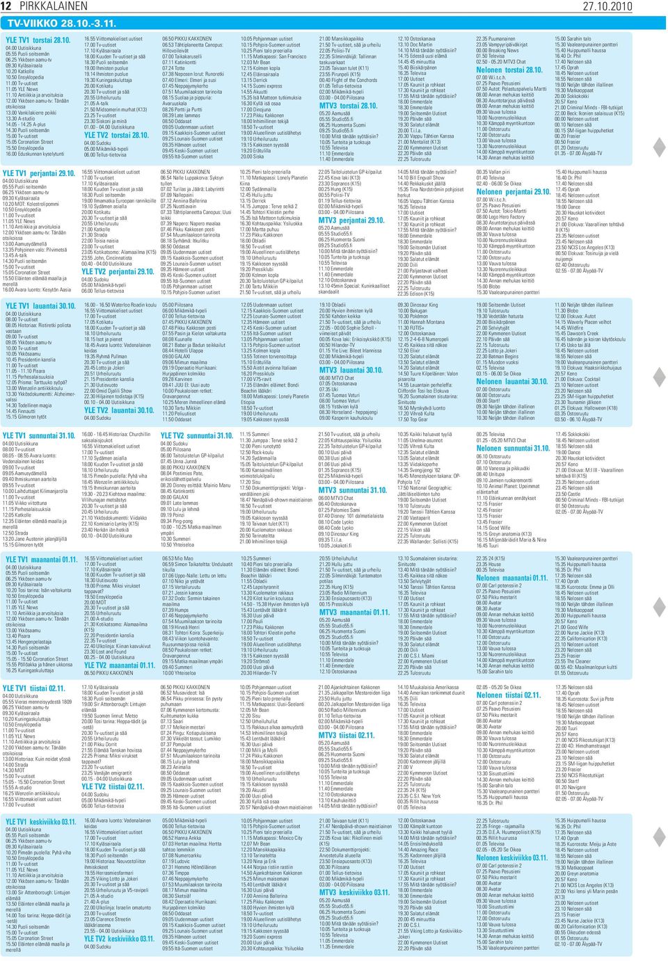 00 Tv-uutiset 15.05 Coronation Street 15.50 Ensyklopedia 16.00 Eduskunnan kyselytunti YLE TV1 perjantai 29.10. 04.00 Uutisikkuna 05.55 Puoli seitsemän 06.25 Ykkösen aamu-tv 09.30 Kyläsairaala 10.