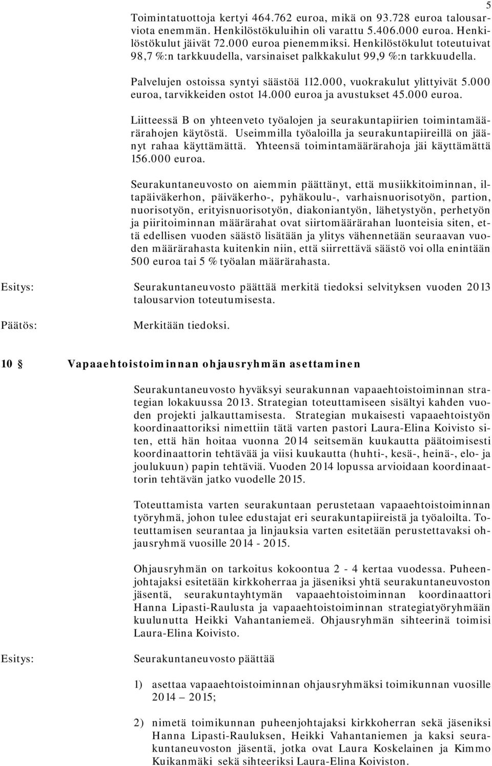 000 euroa ja avustukset 45.000 euroa. Liitteessä B on yhteenveto työalojen ja seurakuntapiirien toimintamäärärahojen käytöstä. Useimmilla työaloilla ja seurakuntapiireillä on jäänyt rahaa käyttämättä.