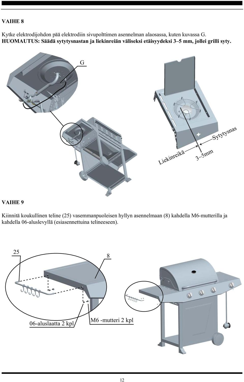 G 3~5mm Liekinreikä Sytytysnas VAIHE 9 Kiinnitä koukullinen teline (25) vasemmanpuoleisen hyllyn asennelmaan