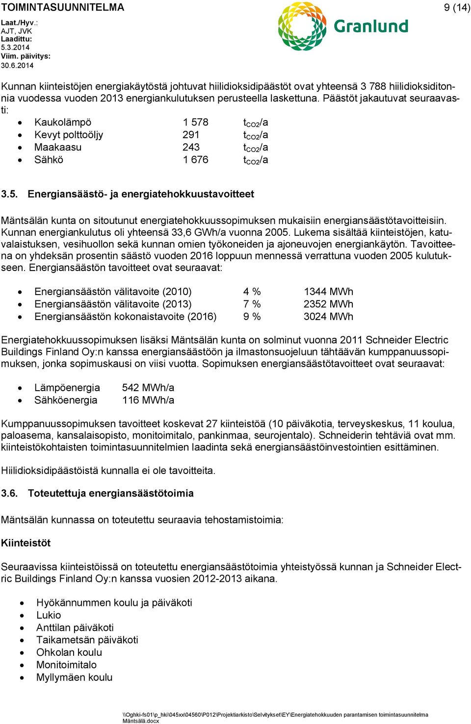 Kunnan energiankulutus oli yhteensä 33,6 GWh/a vuonna 2005. Lukema sisältää kiinteistöjen, katuvalaistuksen, vesihuollon sekä kunnan omien työkoneiden ja ajoneuvojen energiankäytön.