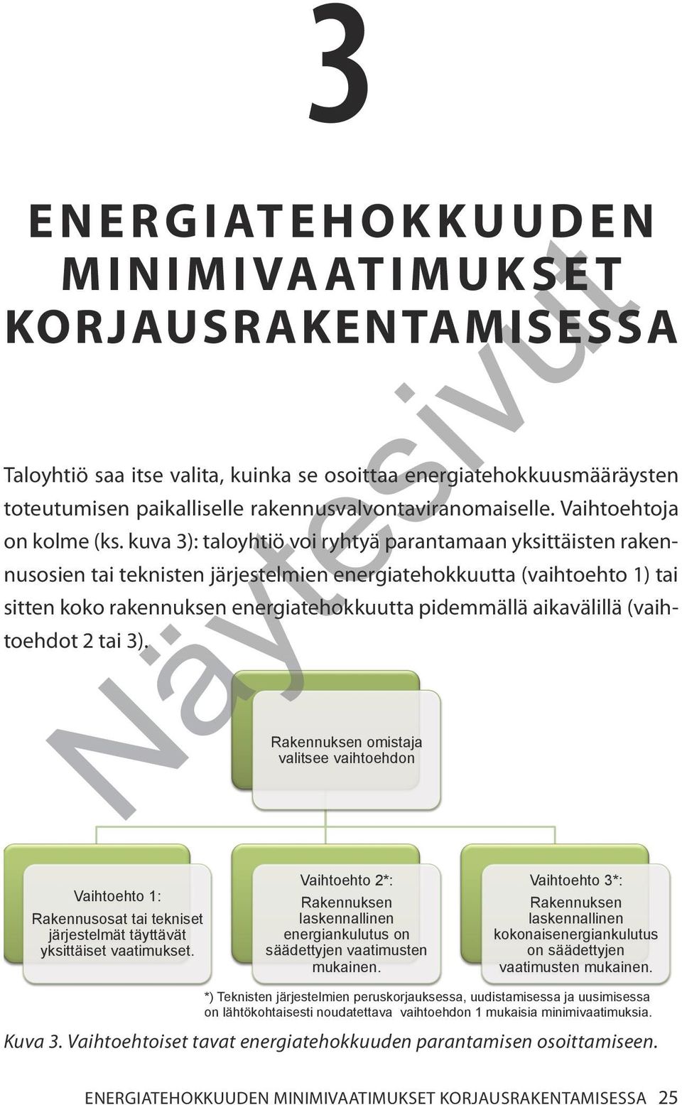 kuva 3): taloyhtiö voi ryhtyä parantamaan yksittäisten rakennusosien tai teknisten järjestelmien energiatehokkuutta (vaihtoehto 1) tai sitten koko rakennuksen energiatehokkuutta pidemmällä