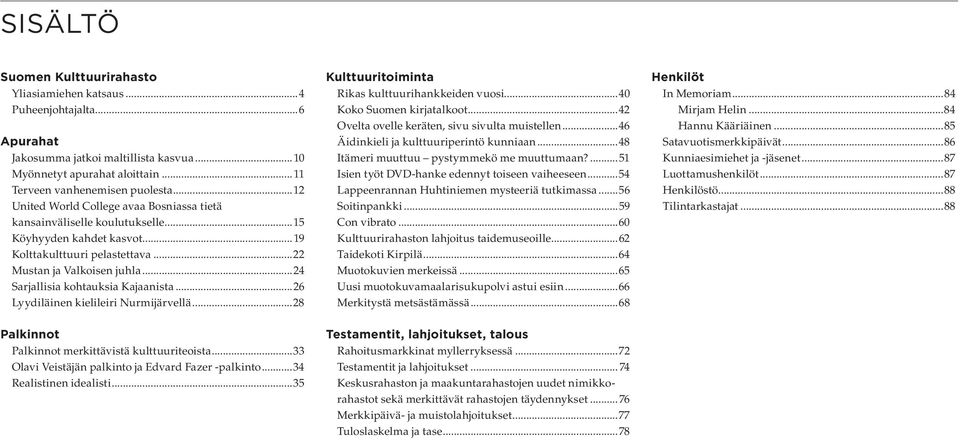 ..24 Sarjallisia kohtauksia Kajaanista...26 Lyydiläinen kielileiri Nurmijärvellä...28 Palkinnot Palkinnot merkittävistä kulttuuriteoista...33 Olavi Veistäjän palkinto ja Edvard Fazer -palkinto.