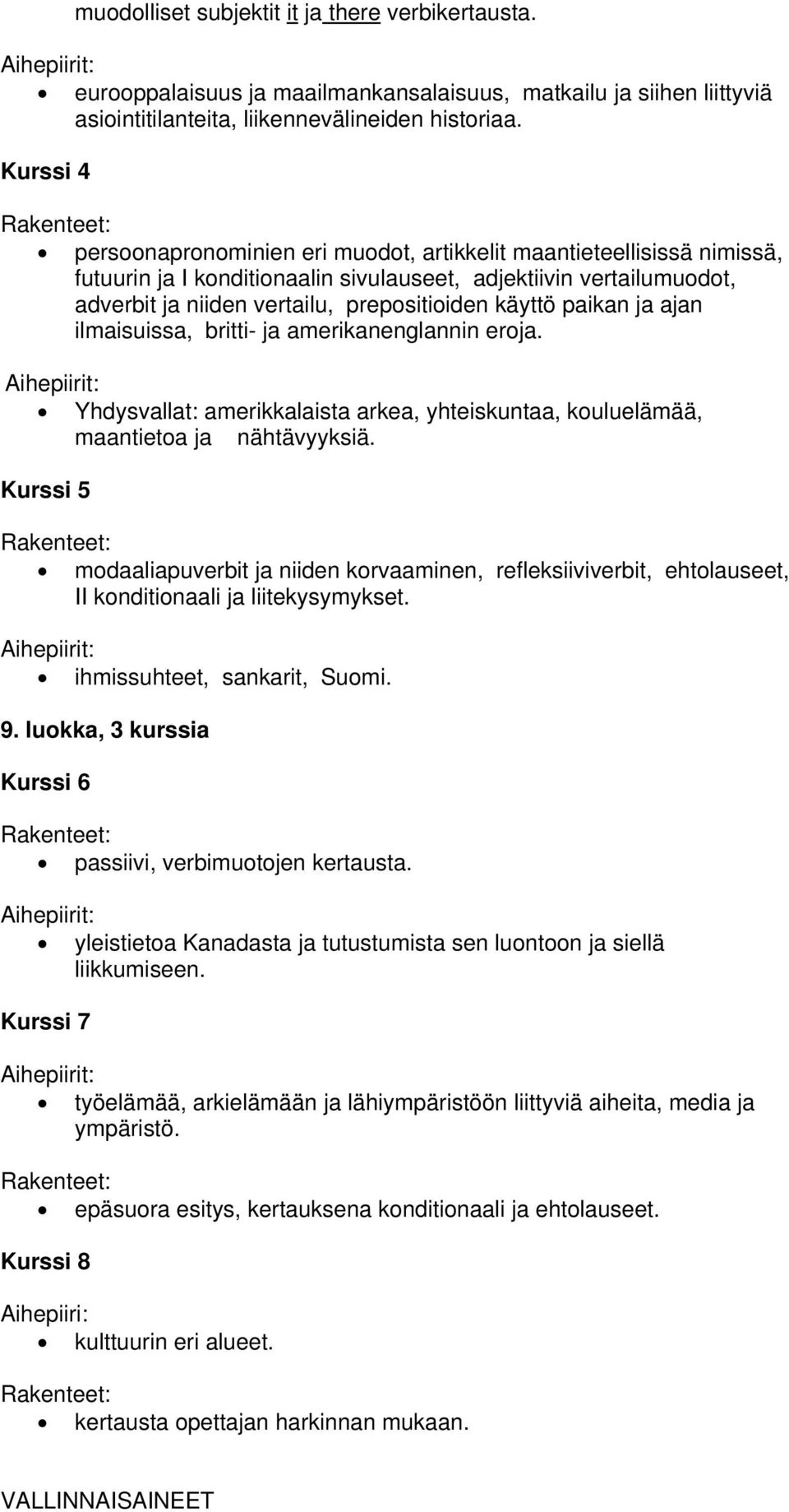 prepositioiden käyttö paikan ja ajan ilmaisuissa, britti- ja amerikanenglannin eroja. Aihepiirit: Yhdysvallat: amerikkalaista arkea, yhteiskuntaa, kouluelämää, maantietoa ja nähtävyyksiä.