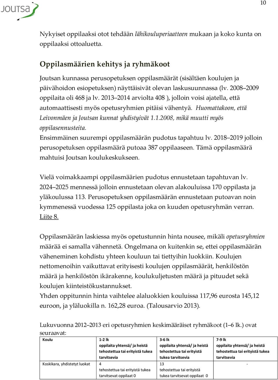 2008 2009 oppilaita oli 468 ja lv. 2013 2014 arviolta 408 ), jolloin voisi ajatella, että automaattisesti myös opetusryhmien pitäisi vähentyä.