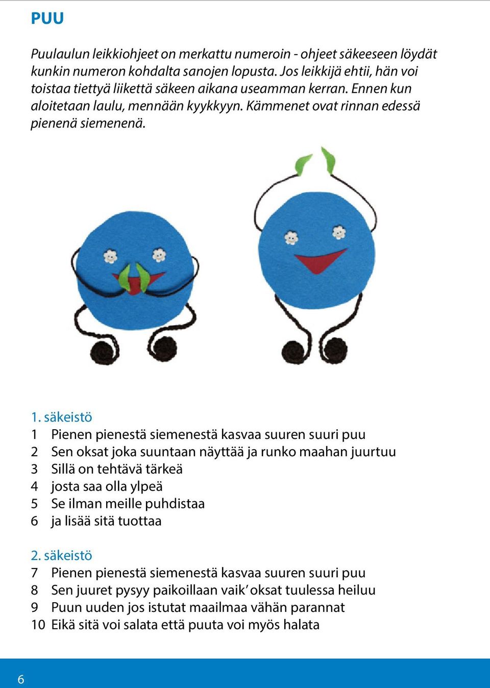 joka suuntaan näyttää ja runko maahan juurtuu 3 Sillä on tehtävä tärkeä 4 josta saa olla ylpeä 5 Se ilman meille puhdistaa 6 ja lisää sitä tuottaa 2 säkeistö 7 Pienen pienestä