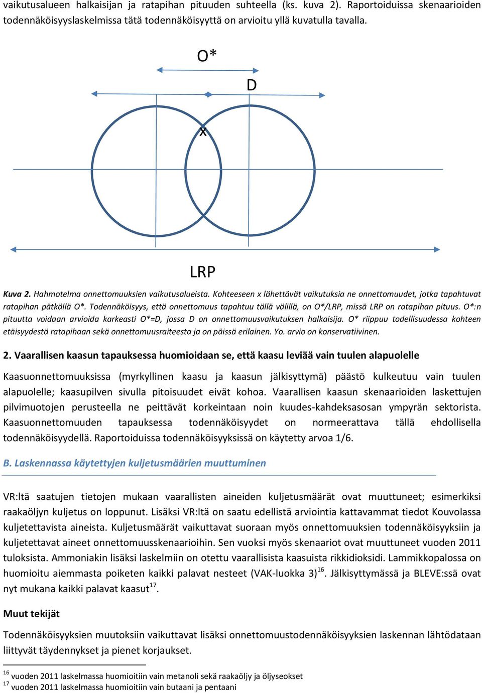 Todennäköisyys, että onnettomuus tapahtuu tällä välillä, on O*/LRP, missä LRP on ratapihan pituus. O*:n pituutta voidaan arvioida karkeasti O*=D, jossa D on onnettomuusvaikutuksen halkaisija.