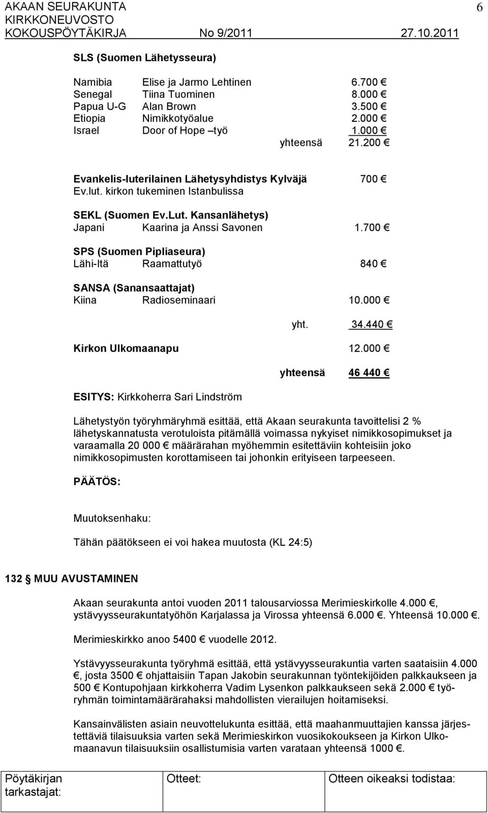 700 SPS (Suomen Pipliaseura) Lähi-Itä Raamattutyö 840 SANSA (Sanansaattajat) Kiina Radioseminaari 10.000 yht. 34.440 Kirkon Ulkomaanapu 12.