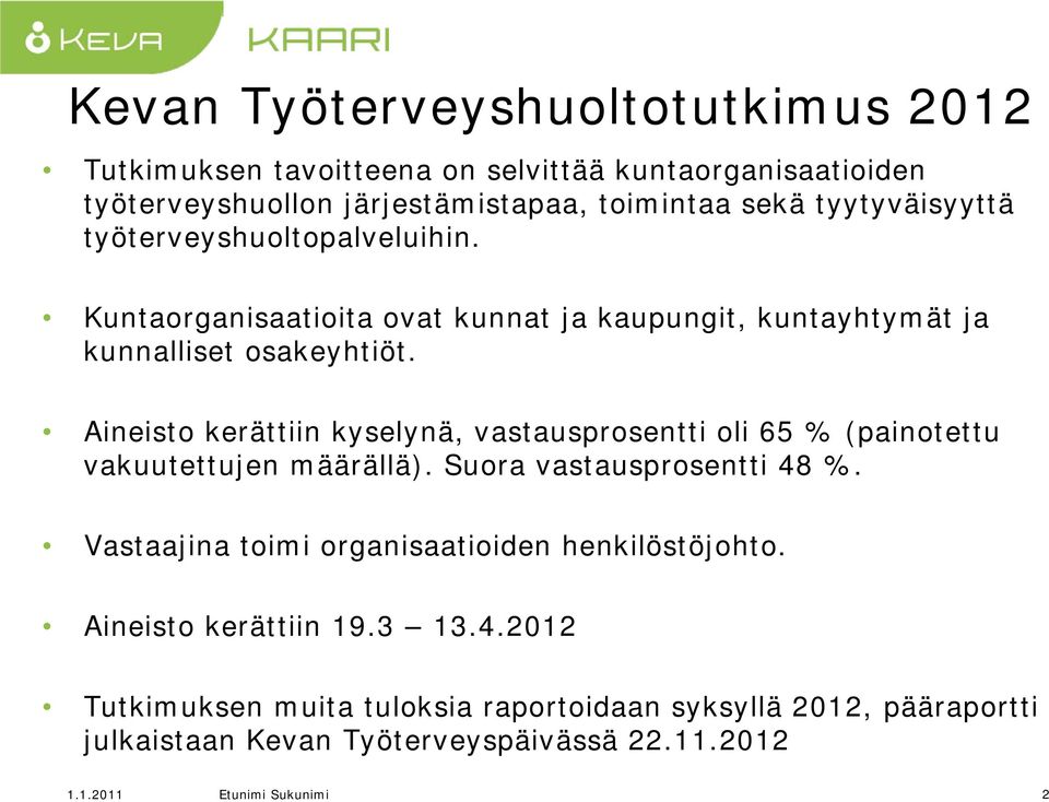 Aineisto kerättiin kyselynä, vastausprosentti oli 65 % (painotettu vakuutettujen määrällä). Suora vastausprosentti 48 %.