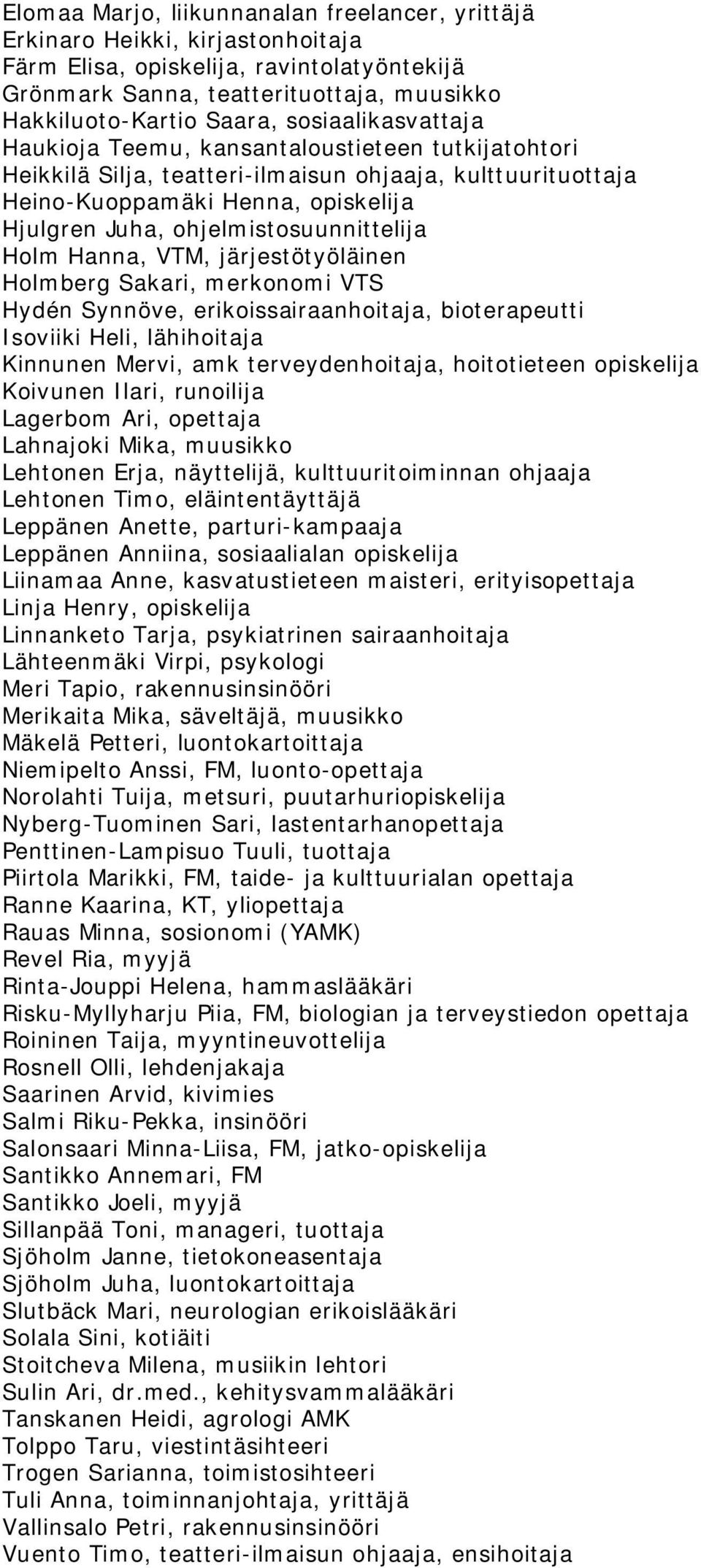 ohjelmistosuunnittelija Holm Hanna, VTM, järjestötyöläinen Holmberg Sakari, merkonomi VTS Hydén Synnöve, erikoissairaanhoitaja, bioterapeutti Isoviiki Heli, lähihoitaja Kinnunen Mervi, amk