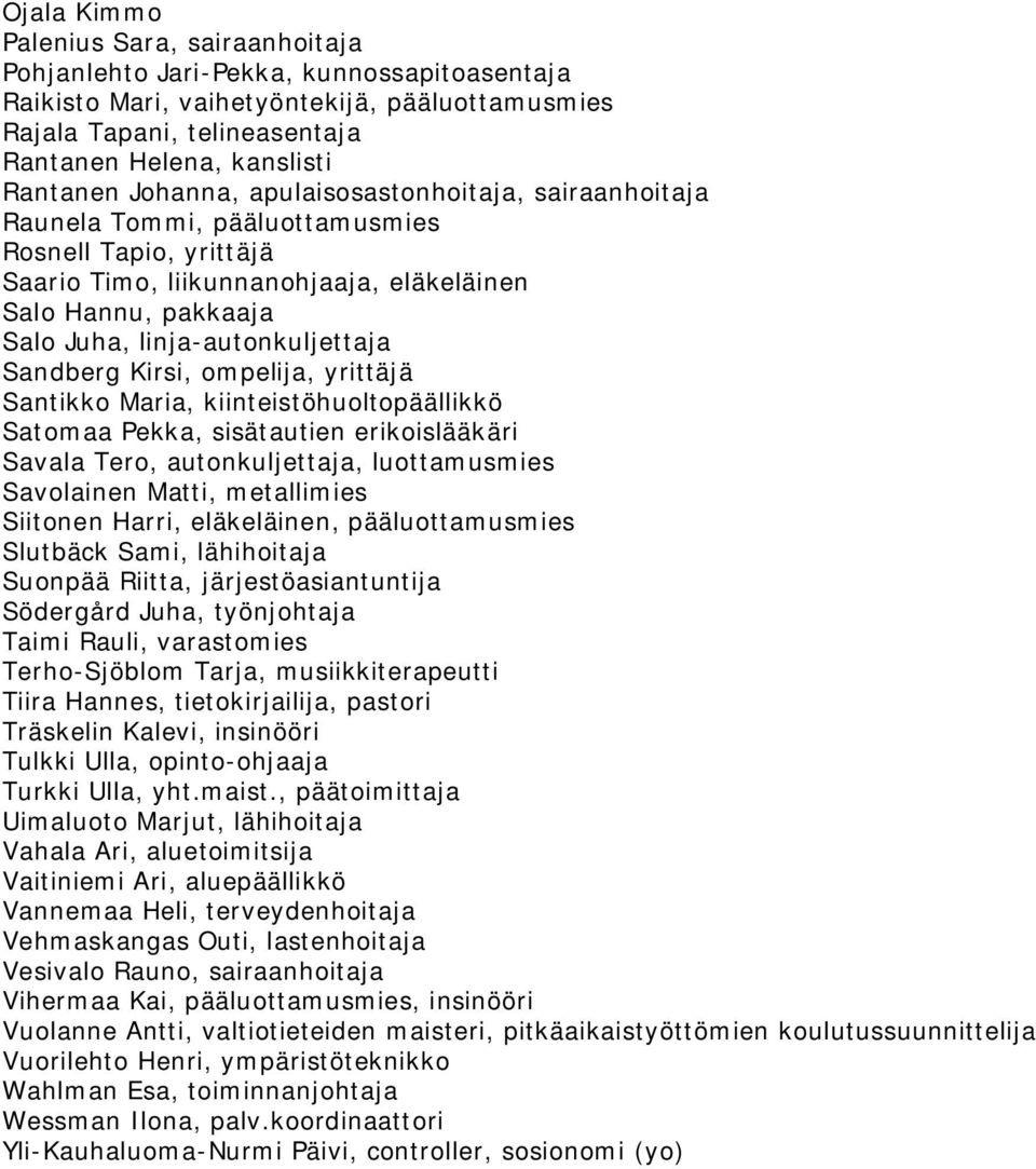 linja-autonkuljettaja Sandberg Kirsi, ompelija, yrittäjä Santikko Maria, kiinteistöhuoltopäällikkö Satomaa Pekka, sisätautien erikoislääkäri Savala Tero, autonkuljettaja, luottamusmies Savolainen