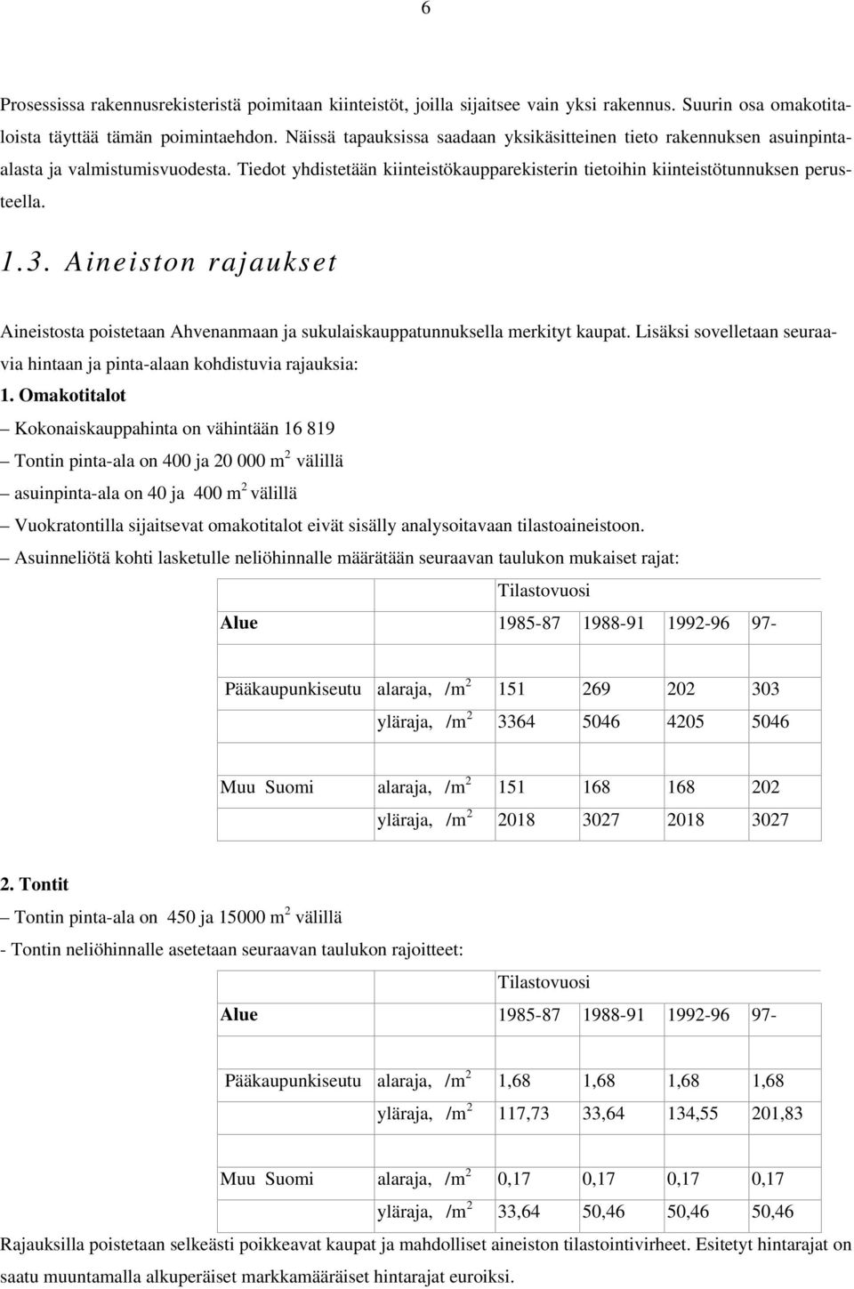 aineiston rajaukset Aineistosta poistetaan Ahvenanmaan ja sukulaiskauppatunnuksella merkityt kaupat. Lisäksi sovelletaan seuraavia hintaan ja pinta-alaan kohdistuvia rajauksia:.