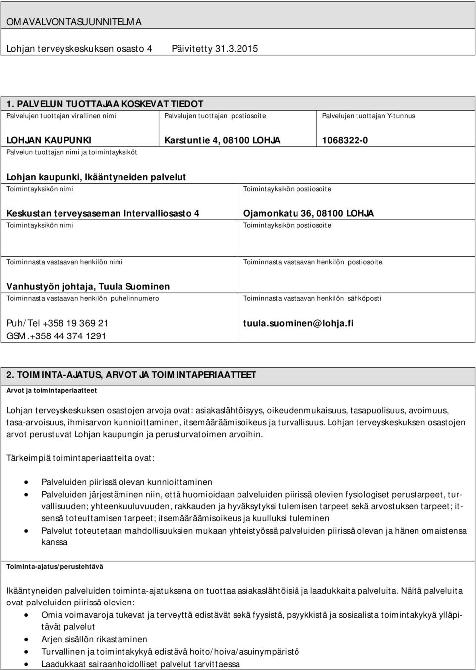 Karstuntie 4, 08100 LOHJA 1068322-0 Lohjan kaupunki, Ikääntyneiden palvelut Toimintayksikön nimi Keskustan terveysaseman Intervalliosasto 4 Toimintayksikön nimi Toimintayksikön postiosoite Ojamonkatu