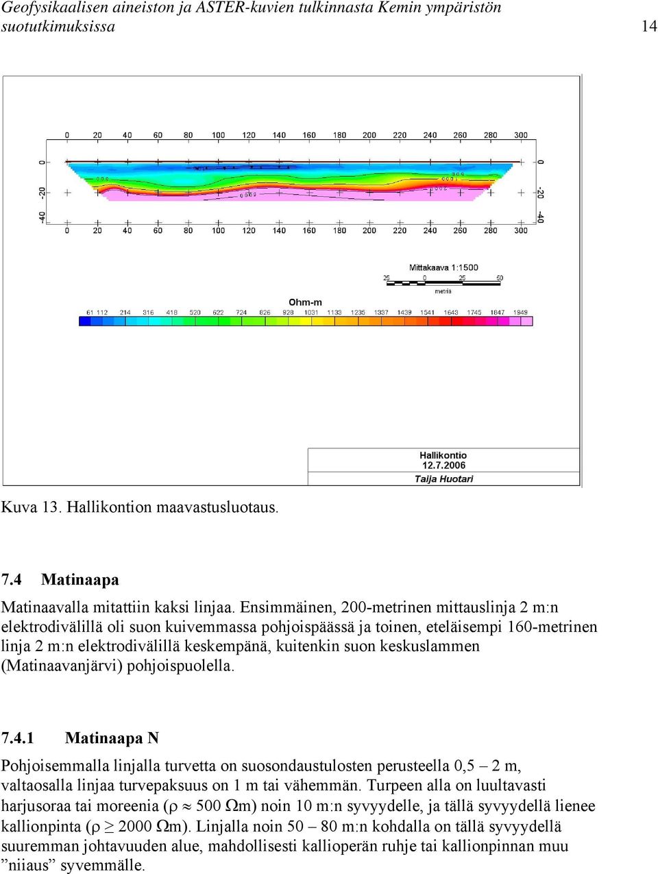 keskuslammen (Matinaavanjärvi) pohjoispuolella. 7.4.1 Matinaapa N Pohjoisemmalla linjalla turvetta on suosondaustulosten perusteella 0,5 2 m, valtaosalla linjaa turvepaksuus on 1 m tai vähemmän.