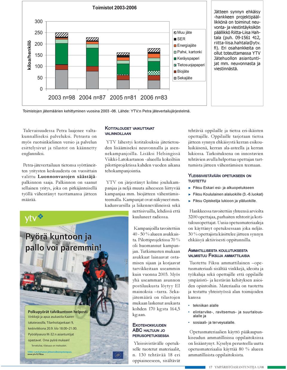 neuvonnasta ja viestinnästä. 0 2003 n=98 2004 n=87 2005 n=81 2006 n=83 Toimistojen jätemäärien kehittyminen vuosina 2003-06. Lähde: YTV:n Petra jätevertailujärjestelmä.