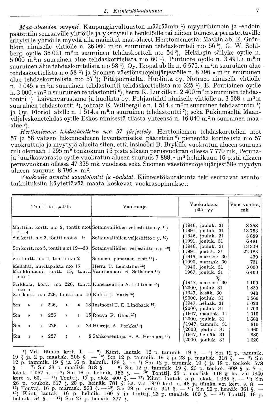 maa-alueet Herttoniemestä: Maskin ab. E. Grönblom nimiselle yhtiölle n. 26 060 m 2 :n suuruinen tehdaskortteli n:o 56 2 ), G. W.