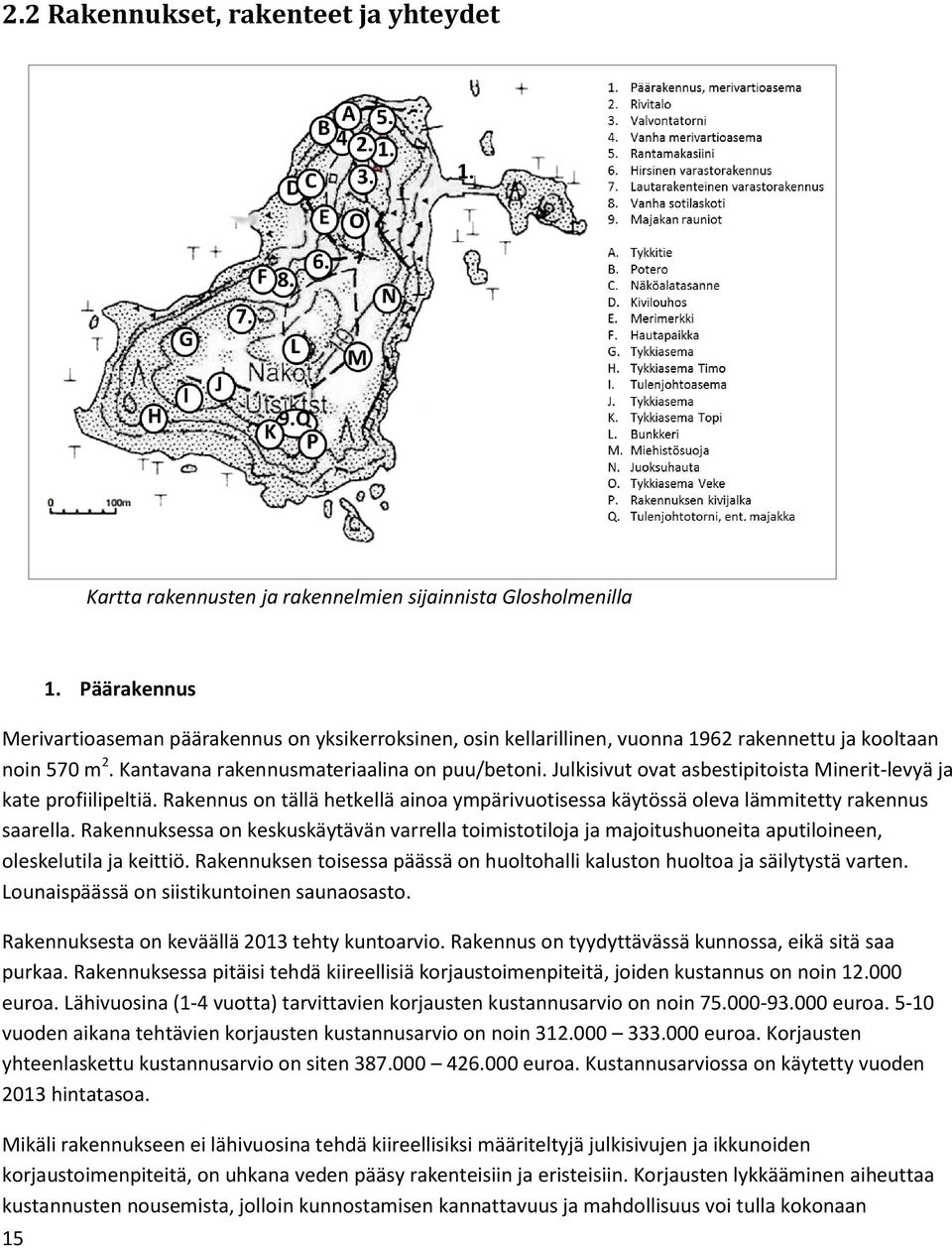 Julkisivut ovat asbestipitoista Minerit-levyä ja kate profiilipeltiä. Rakennus on tällä hetkellä ainoa ympärivuotisessa käytössä oleva lämmitetty rakennus saarella.