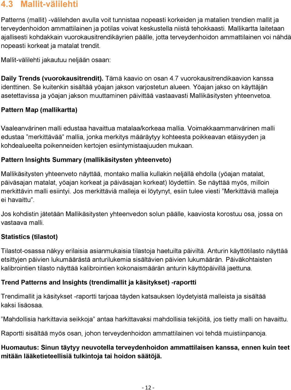 Mallit-välilehti jakautuu neljään osaan: Daily Trends (vuorokausitrendit). Tämä kaavio on osan 4.7 vuorokausitrendikaavion kanssa identtinen. Se kuitenkin sisältää yöajan jakson varjostetun alueen.