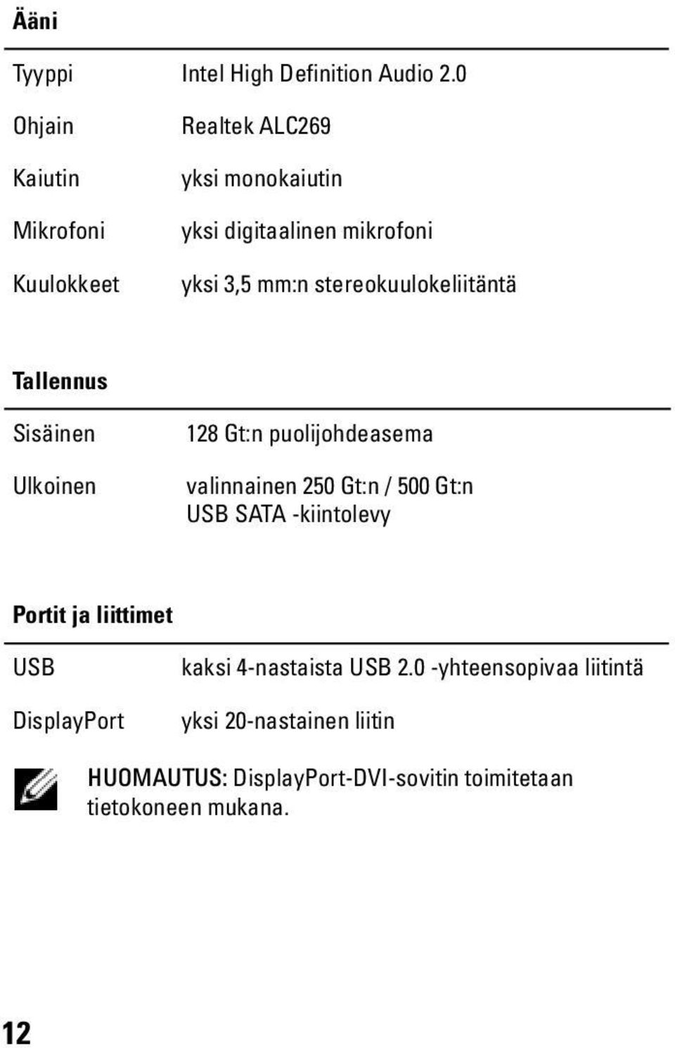 stereokuulokeliitäntä Tallennus Sisäinen Ulkoinen 128 Gt:n puolijohdeasema valinnainen 250 Gt:n / 500 Gt:n USB SATA