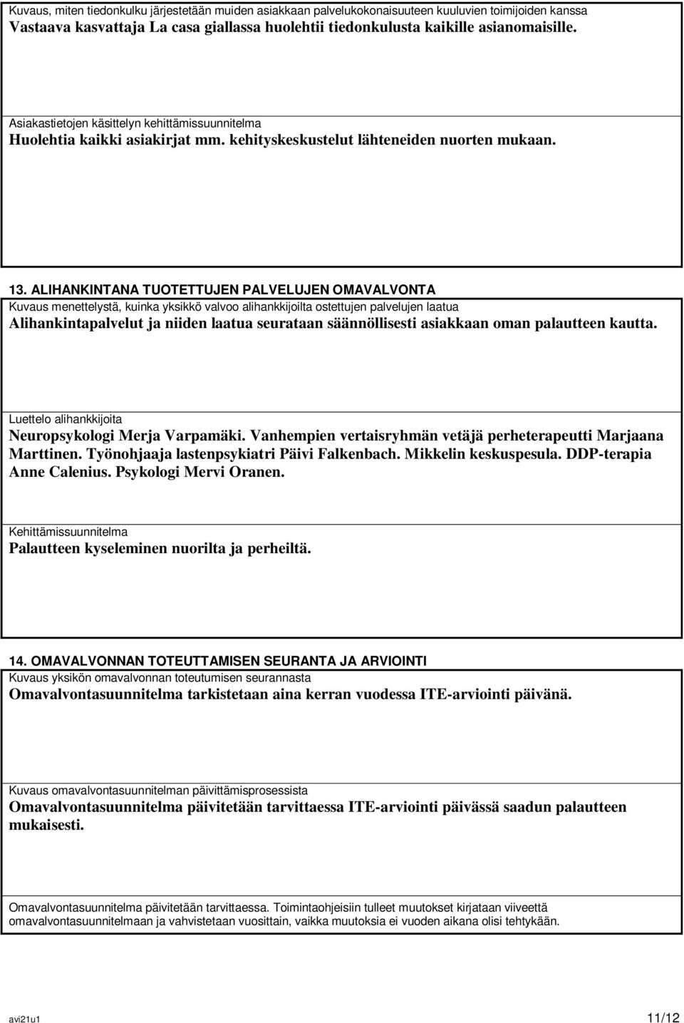 ALIHANKINTANA TUOTETTUJEN PALVELUJEN OMAVALVONTA Kuvaus menettelystä, kuinka yksikkö valvoo alihankkijoilta ostettujen palvelujen laatua Alihankintapalvelut ja niiden laatua seurataan säännöllisesti