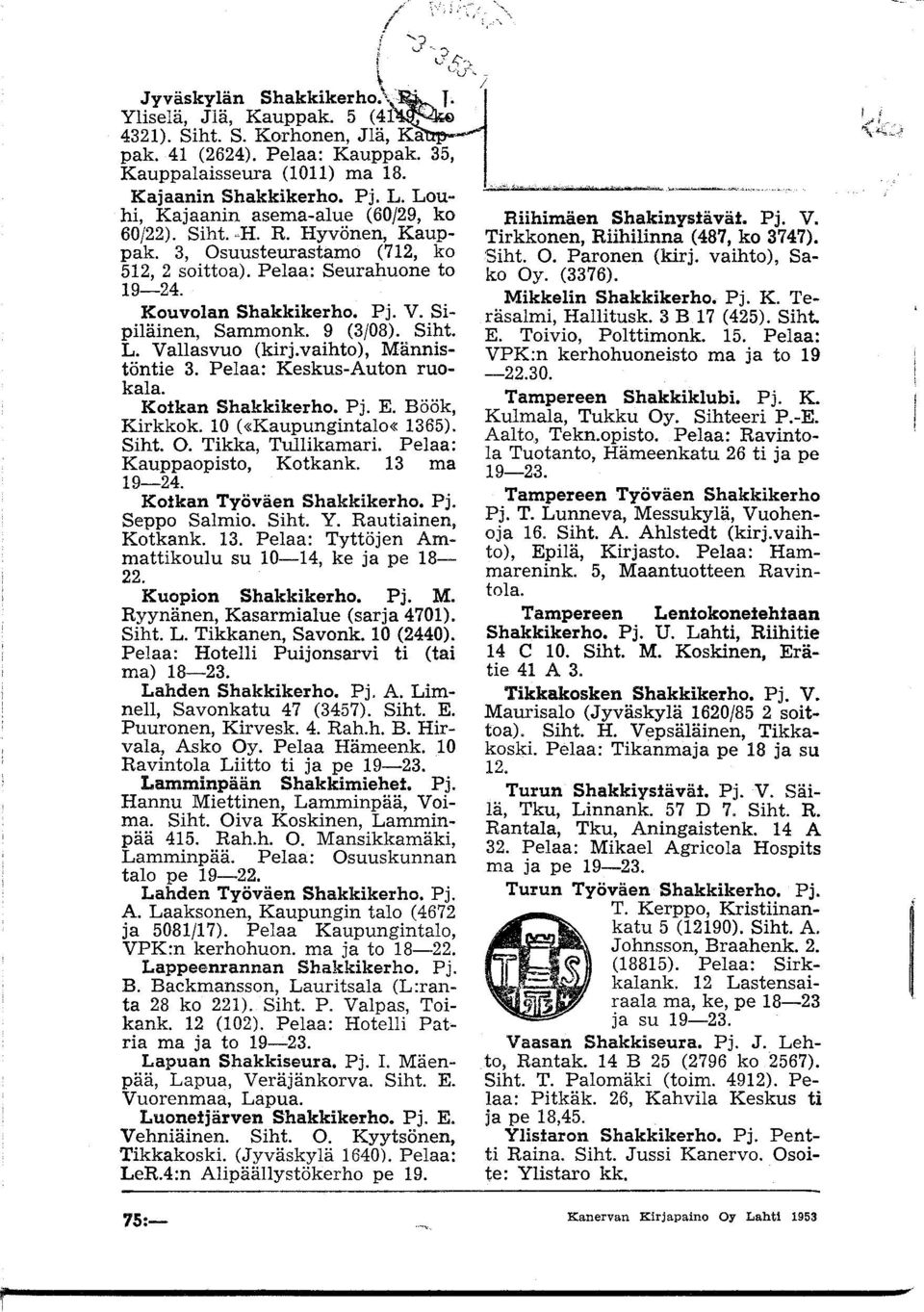 Pj. V. Sipiläinen, Sammonk. 9 (3/08). Siht. L. VaIlasvuo (kirj.vaihto), Männistöntie 3. Pelaa: Keskus-Auton ruokala. Kotkan Shakkikerho. Pj. E. Böök, Kirkkok. 10 («Kaupungintalo<< 1365). Siht. O.