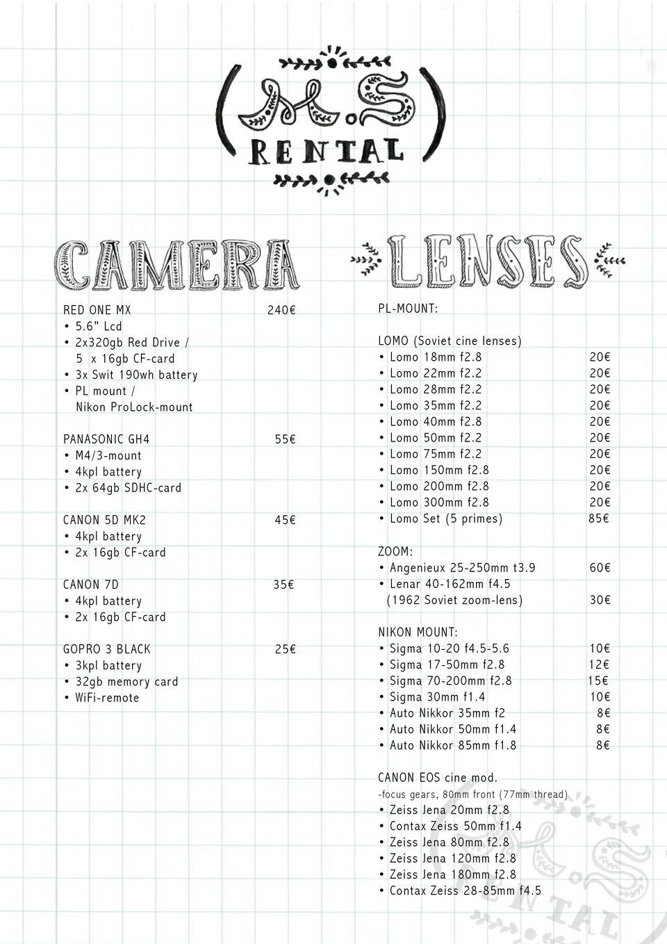 CF-card GOPRO 3 BLACK 25 3kpl battery 32gb memory card WiFi-remote PL-MOUNT: LOMO (Soviet cine lenses) Lomo 18mm f2.8 20 Lomo 22mm f2.2 20 Lomo 28mm f2.2 20 Lomo 35mm f2.2 20 Lomo 40mm f2.