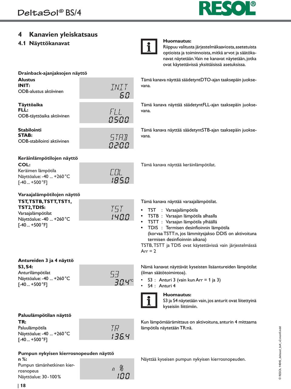 toiminnoista, mitkä arvot ja säätökanavat näytetään. Vain ne kanavat näytetään, jotka ovat käytettävissä yksittäisissä asetuksissa. Tämä kanava näyttää säädetyntdto-ajan taaksepäin juoksevana.