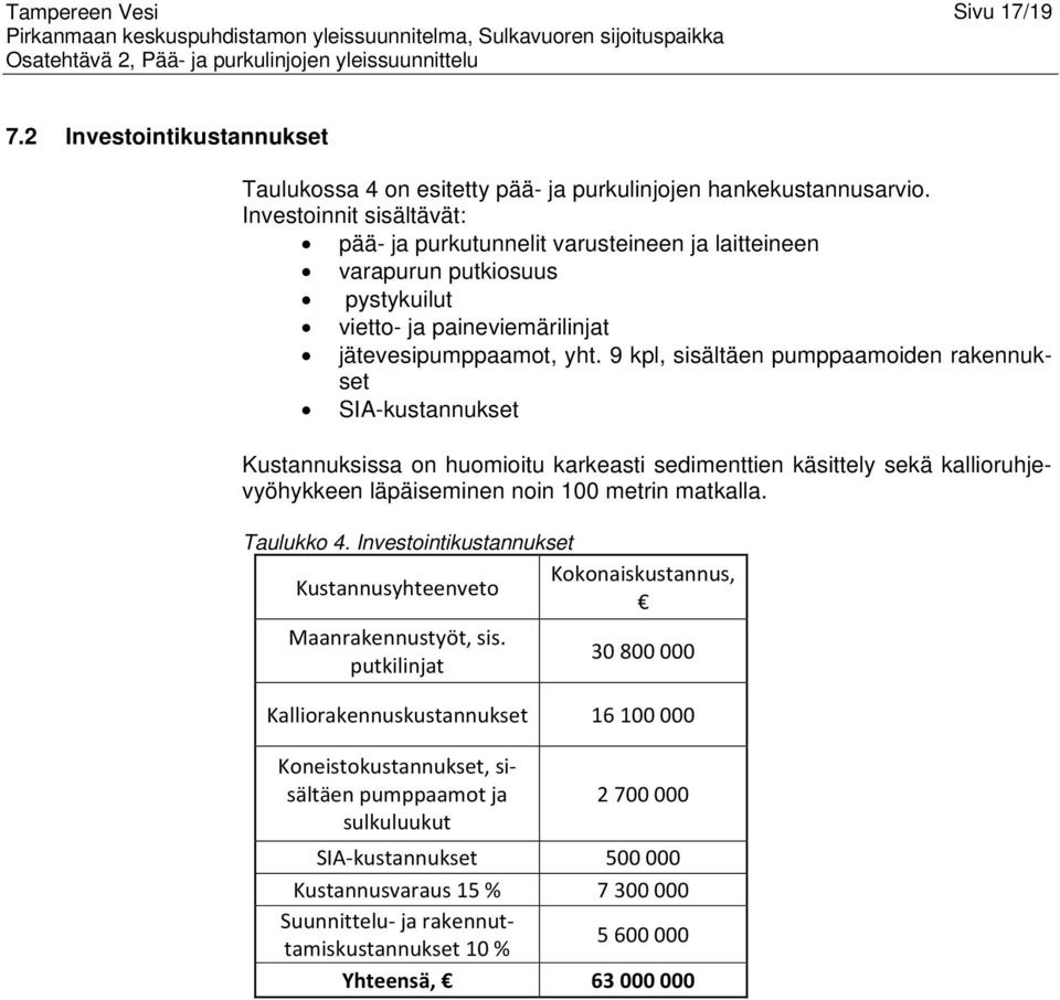 9 kpl, sisältäen pumppaamoiden rakennukset SIA-kustannukset Kustannuksissa on huomioitu karkeasti sedimenttien käsittely sekä kallioruhjevyöhykkeen läpäiseminen noin 100 metrin matkalla. Taulukko 4.