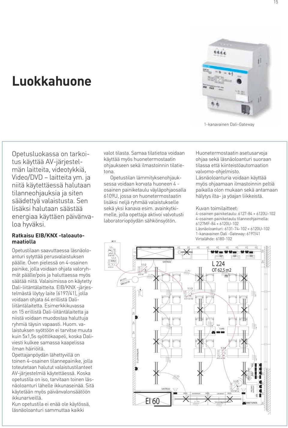 Oven pielessä on 4-osainen painike, jolla voidaan ohjata valoryhmät päälle/pois ja haluttaessa myös säätää niitä Valaisimissa on käytetty Dali-liitäntälaitteita EIB/KX -järjestelmästä löytyy laite