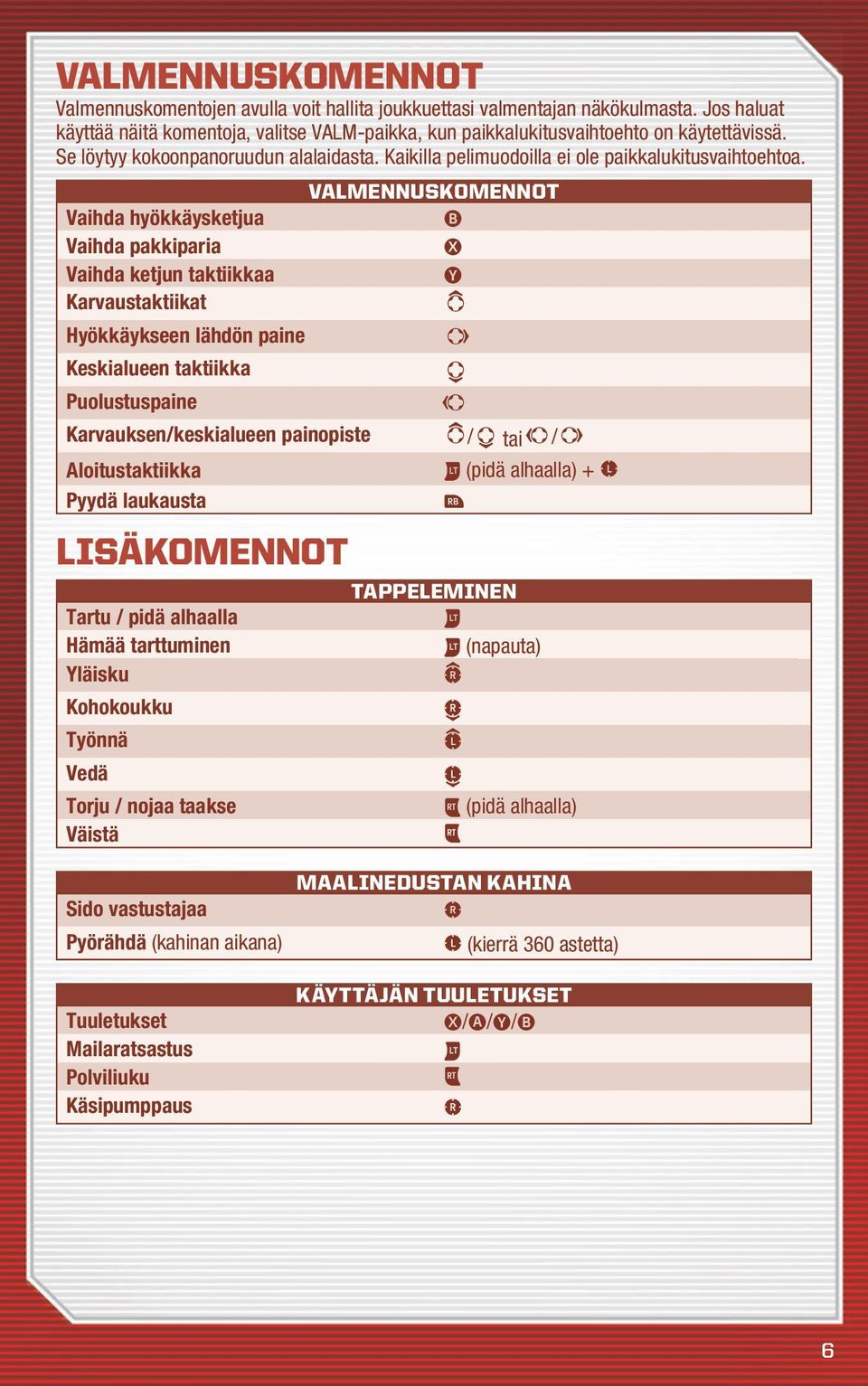 Valmennuskomennot Vaihda hyökkäysketjua Vaihda pakkiparia Vaihda ketjun taktiikkaa Karvaustaktiikat Hyökkäykseen lähdön paine Keskialueen taktiikka Puolustuspaine Karvauksen/keskialueen painopiste /