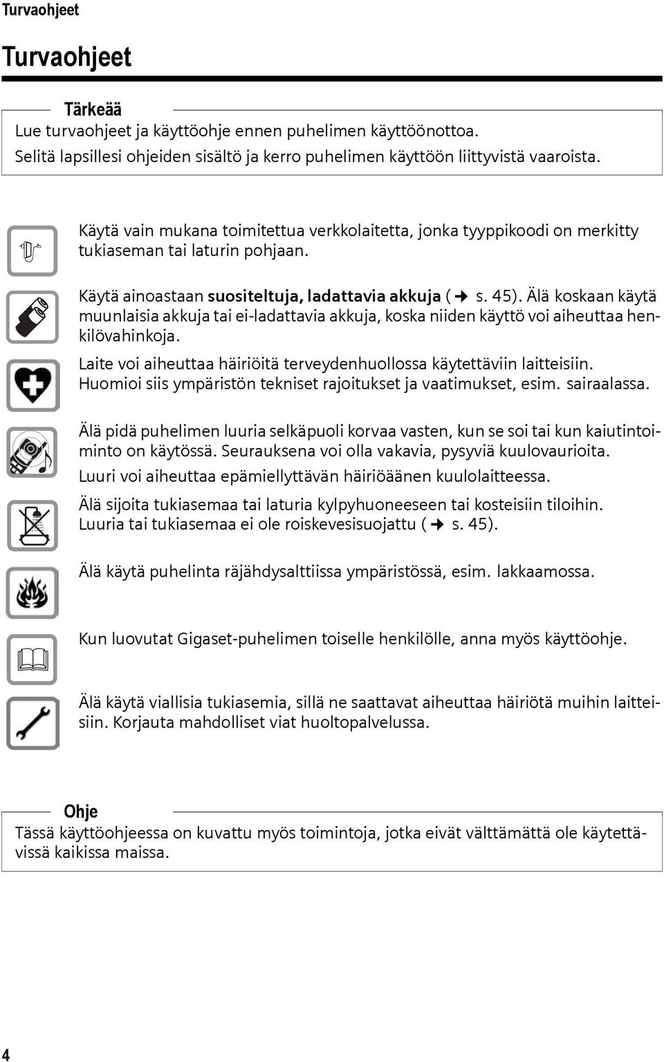 Älä koskaan käytä muunlaisia akkuja tai ei-ladattavia akkuja, koska niiden käyttö voi aiheuttaa henkilövahinkoja. Laite voi aiheuttaa häiriöitä terveydenhuollossa käytettäviin laitteisiin.