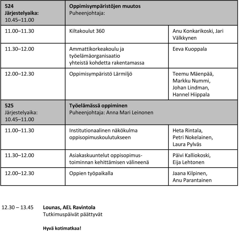 30 Oppimisympäristö Lärmiljö Teemu Mäenpää, Markku Nummi, Johan Lindman, Hannel Hiippala 525 Työelämässä oppiminen Anna Mari Leinonen 11.00 11.