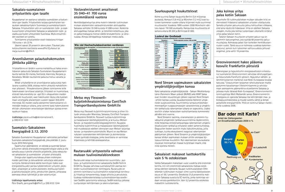 Yritysluettelon ydin on suomalaisten tytär- ja osakkuusyritysten yhteystiedot Saksassa ja saksalaisten tytär- ja osakkuusyritysten yhteystiedot Suomessa. Myös emoyhtiöiden osoitteet on lueteltu.