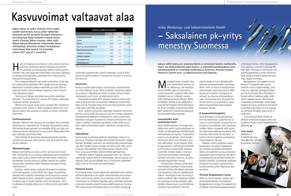 Ennusteen mukaan bruttokansantuote kasvaa tänä vuonna 1¾ prosenttia, vuonna 2011 jopa yli 2 prosenttia. Huoli yhteisvaluutta eurosta on viime aikoina hallinnut otsikoita.